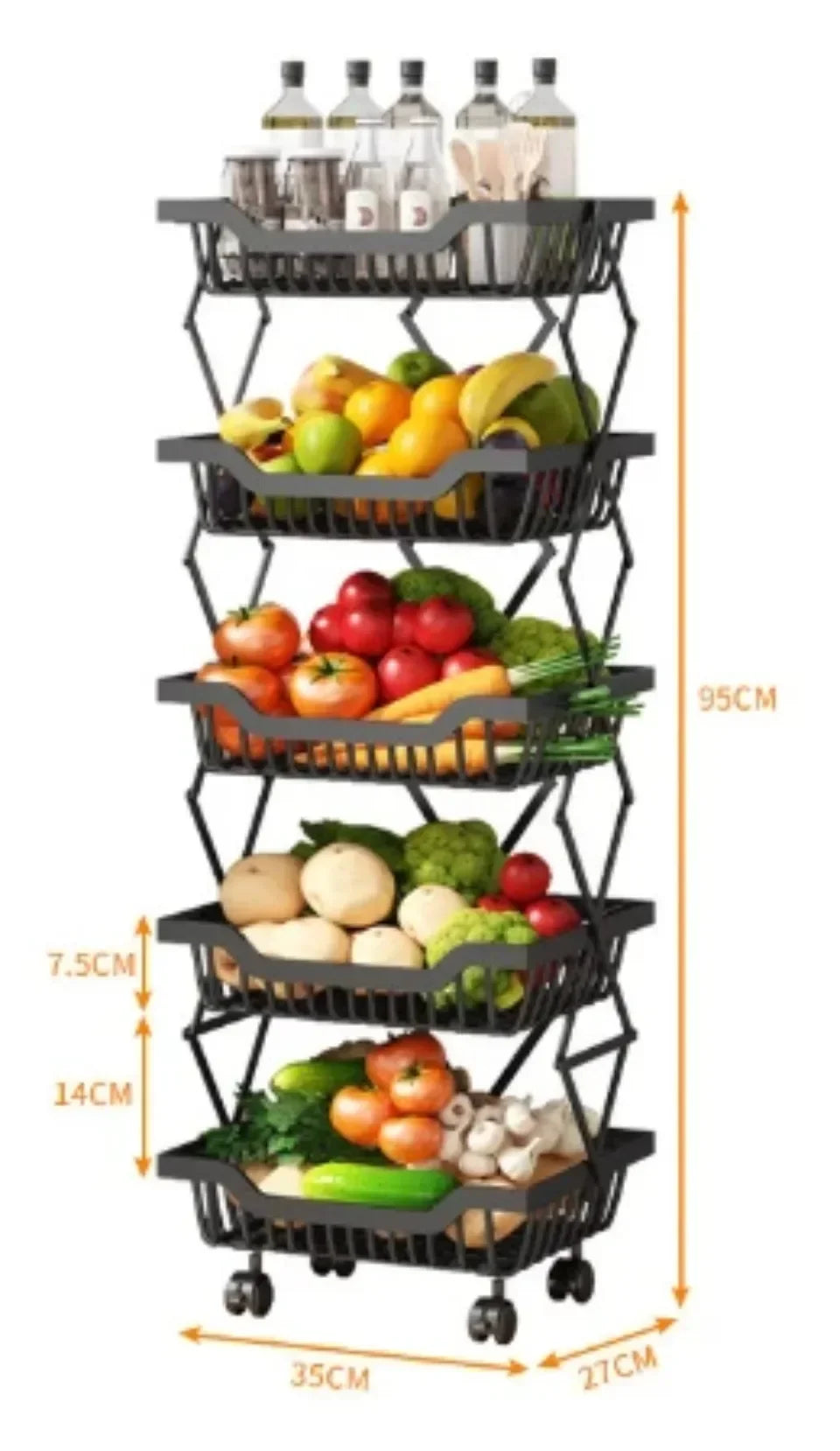 Kitchen Fruit Basket Crevice Vegetable Storage Carts Movable Floor-Mounted Shelf Folding Rack Multi-Layer Stackable Trolley Cart