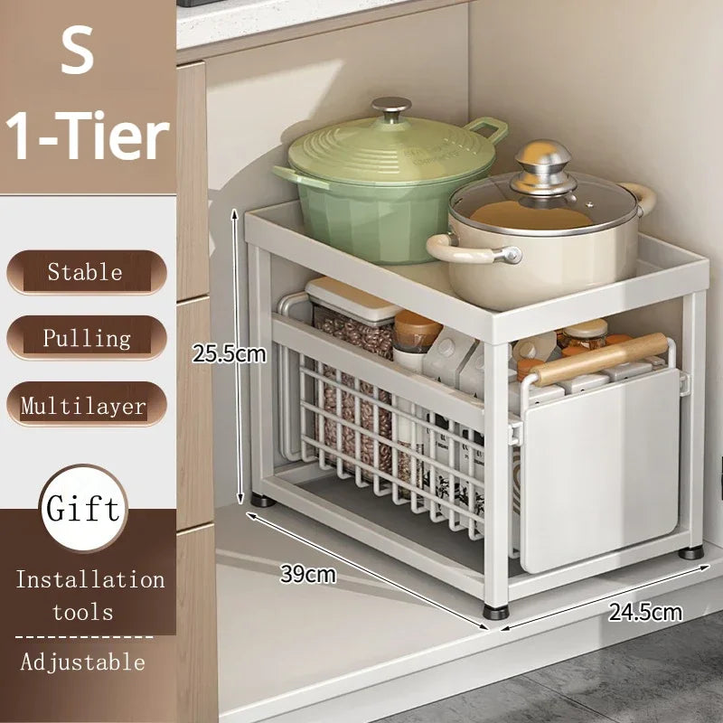 Kitchen Sink Storage Rack Sink Pull-Out Organizer Carbon Steel Bathroom Rack Layered Seasoning Storage Shelf Countertop Cabinet