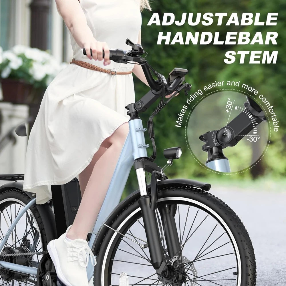 Electric Bike, 21.7MPH 50 Miles Commuter with Removable Li-ion Battery, Adjustable Stem, Rear Rack, Fenders, 7-Speed