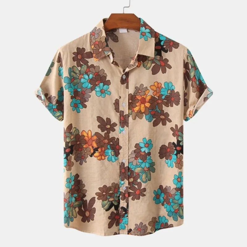 Ethnic Style men's Shirt Leisure Beach Breathable Button Shirts Outdoor Street Fashion Short Sleeved men's Lapel Hawaiian Tops