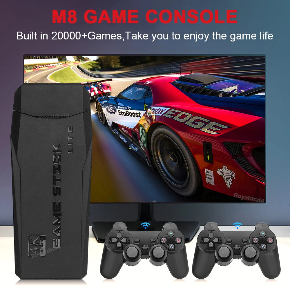 M8 4K Video Game Console 64G Built-in 20000 Games Retro Handheld Game Player 2 Wireless Controller Game Stick Children Xmas Gift
