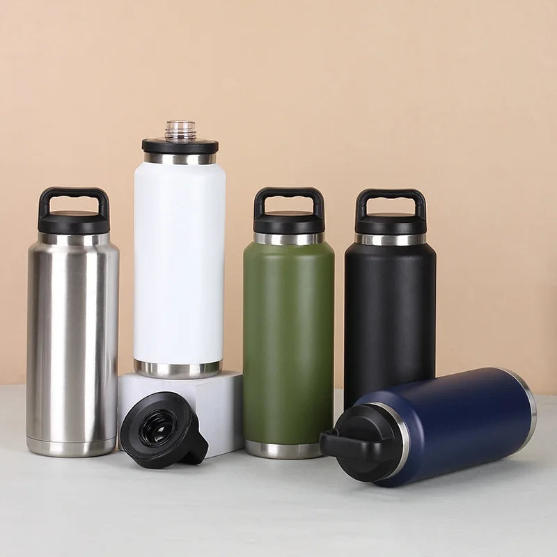 800ml 1100ml Wide Mouth Water Bottle Insulated Water Mugs Stainless Steel Handle Drinking Bottle Portable Leakproof Gym Fitness