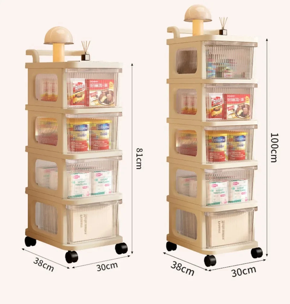 Kitchen Storage Cabinet Rack Transparent Multi-layer Small Cart Drawer Style Mobile Living Room Snack Sundries Shelf with Handle