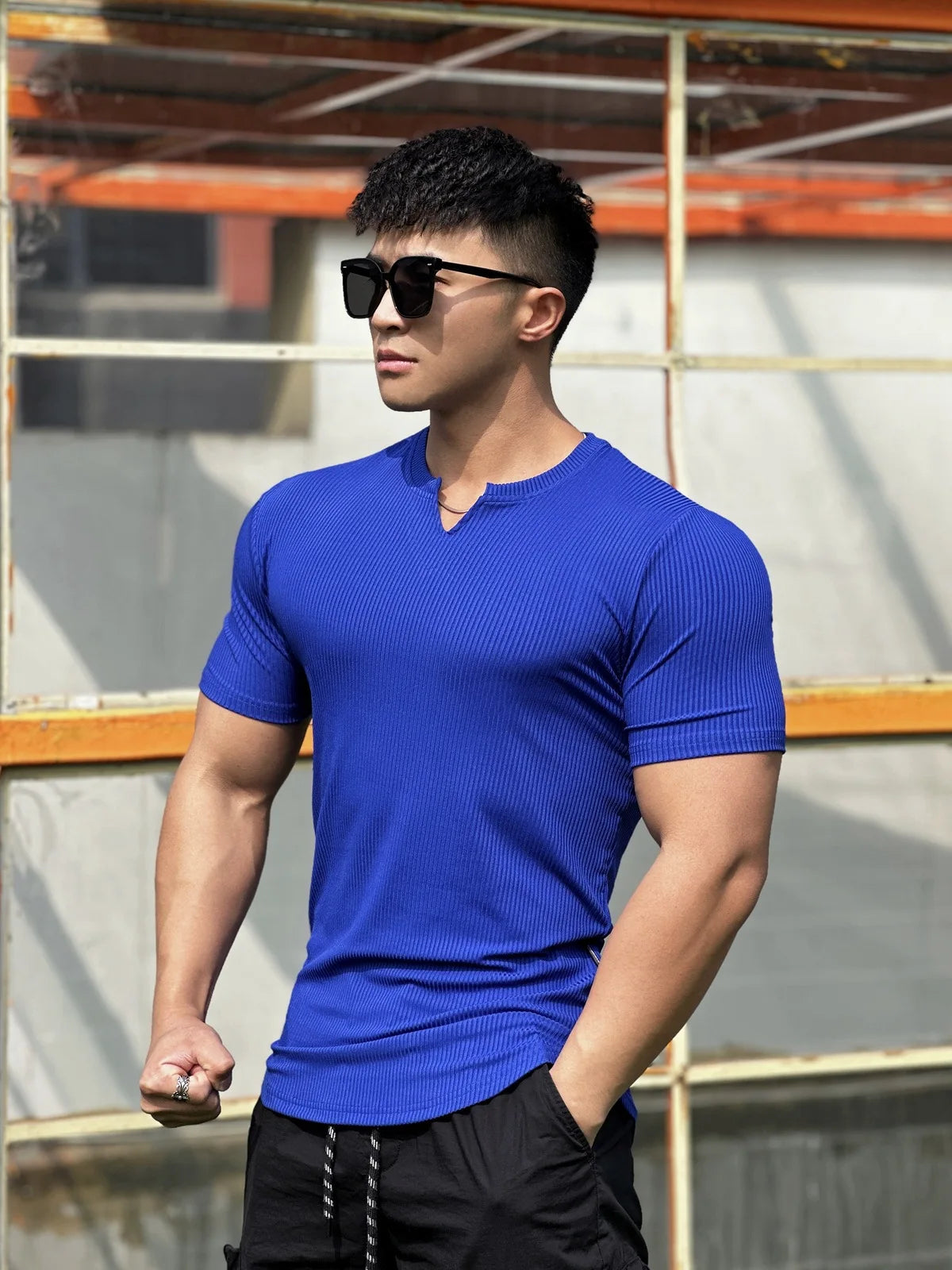 Sport Semi-tight Fitness Short Sleeve Men's Basketball Fall Running Training Solid Color Striped Stretch Sports T-shirt