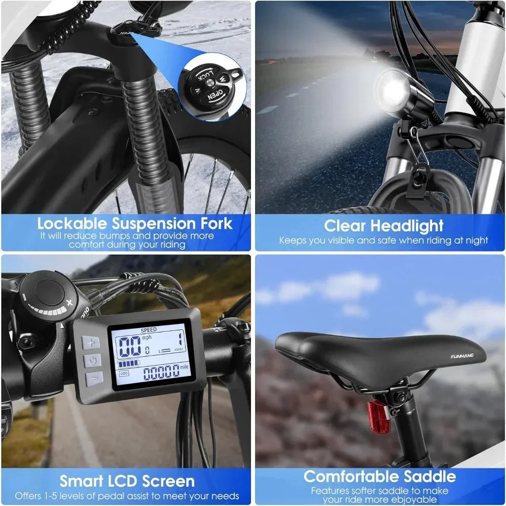 Electric Bike for Adults, 26'' 1000W Peak Ebike, Adjustable Stem, Fenders, Lockable Suspension Fork, 21-Speed