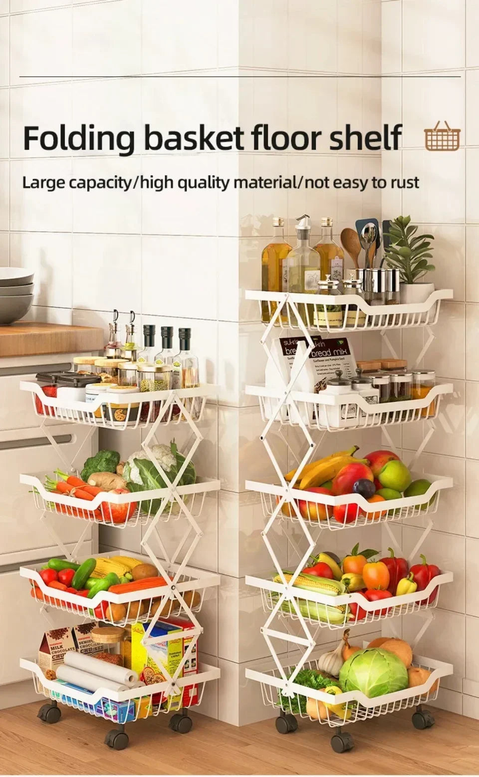 Kitchen Fruit Basket Crevice Vegetable Storage Carts Movable Floor-Mounted Shelf Folding Rack Multi-Layer Stackable Trolley Cart