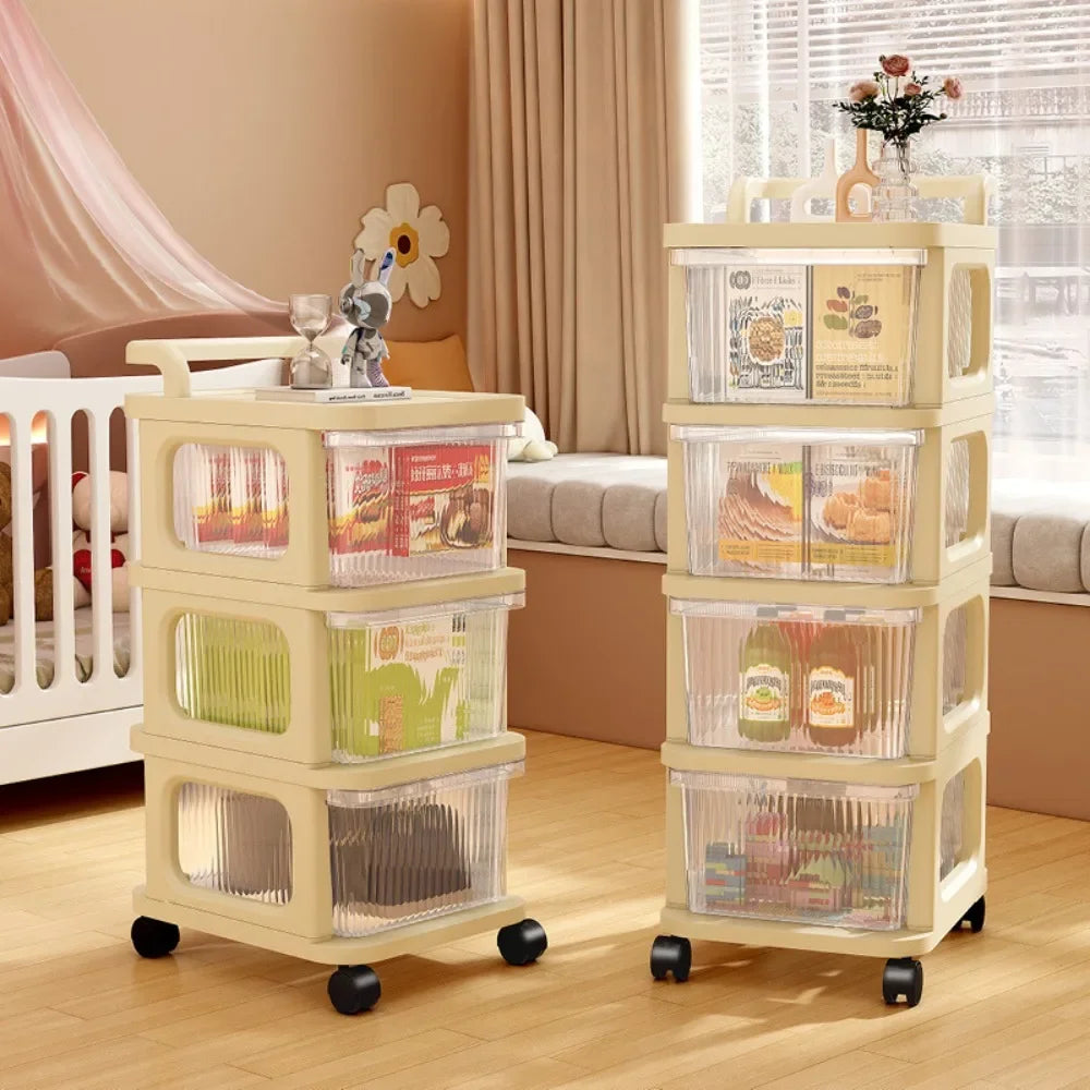 Kitchen Storage Cabinet Rack Transparent Multi-layer Small Cart Drawer Style Mobile Living Room Snack Sundries Shelf with Handle