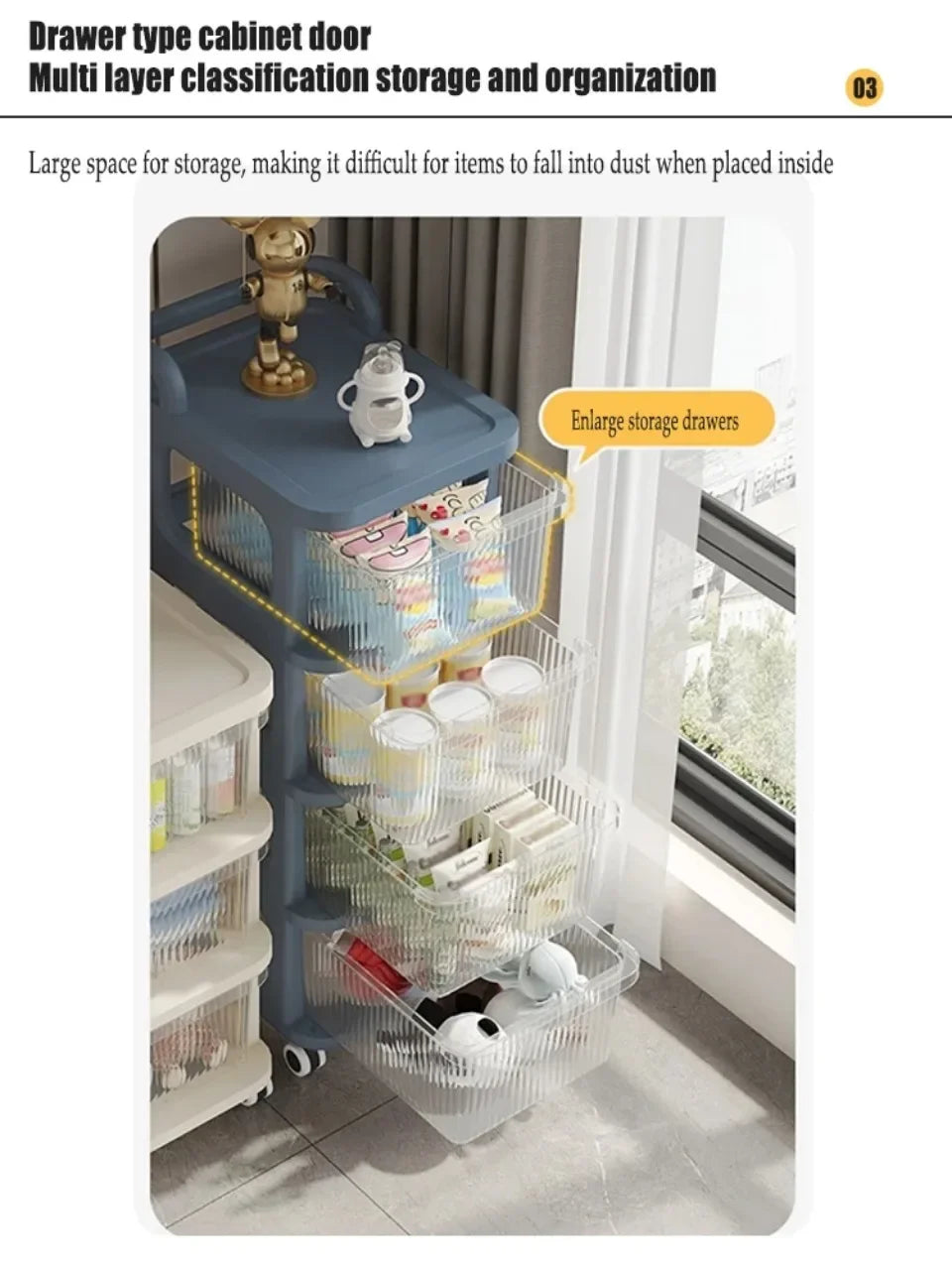 Kitchen Storage Cabinet Rack Transparent Multi-layer Small Cart Drawer Style Mobile Living Room Snack Sundries Shelf with Handle