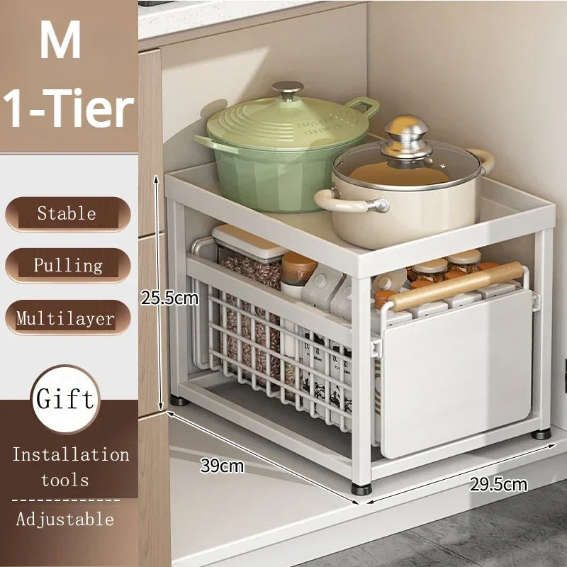 Kitchen Sink Storage Rack Sink Pull-Out Organizer Carbon Steel Bathroom Rack Layered Seasoning Storage Shelf Countertop Cabinet