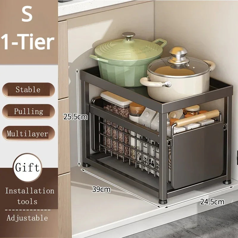 Kitchen Sink Storage Rack Sink Pull-Out Organizer Carbon Steel Bathroom Rack Layered Seasoning Storage Shelf Countertop Cabinet