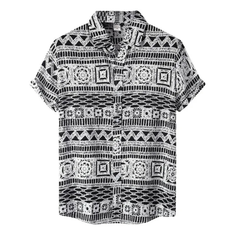 Ethnic Style men's Shirt Leisure Beach Breathable Button Shirts Outdoor Street Fashion Short Sleeved men's Lapel Hawaiian Tops