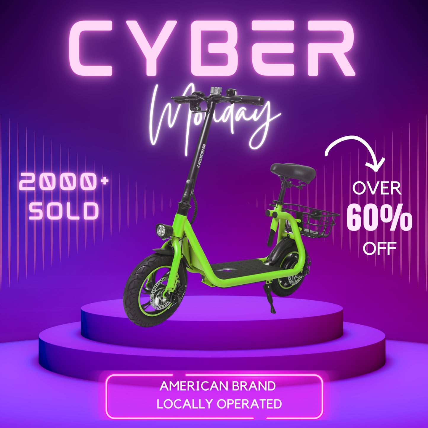 Electric Scooter for Adults - Foldable Scooter with Seat & Carry Basket - 450W Brushless Motor 36V - 15MPH 265lbs Max Load E Mopeds for Adults - Neon