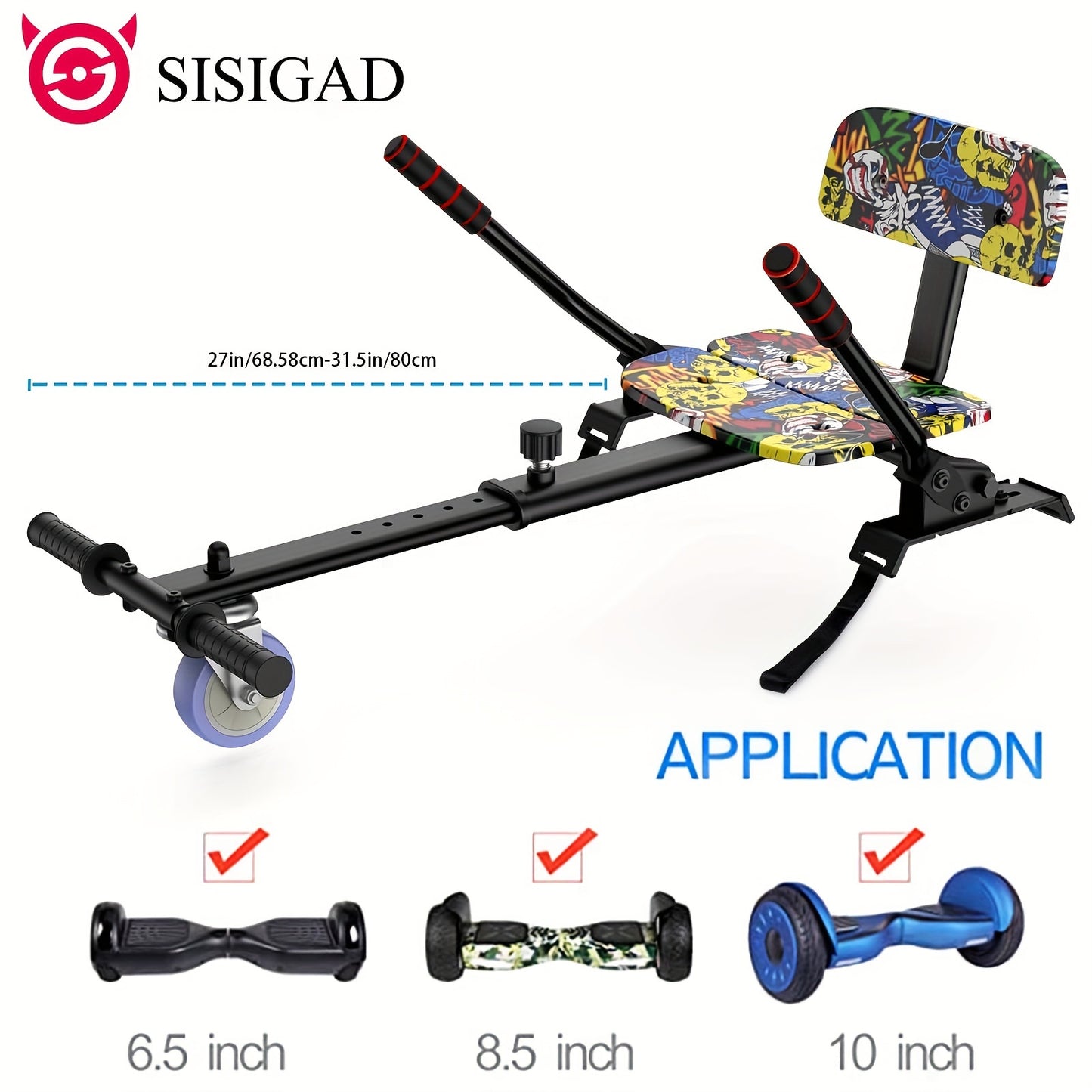 SISIGAD Hoverboard With Seat Attachment, 6.5 Inch Hoverboard Go Kart Combo, Self Balancing Electric Scooter With Wireless Speaker & LED Lights, Green + Graffiti
