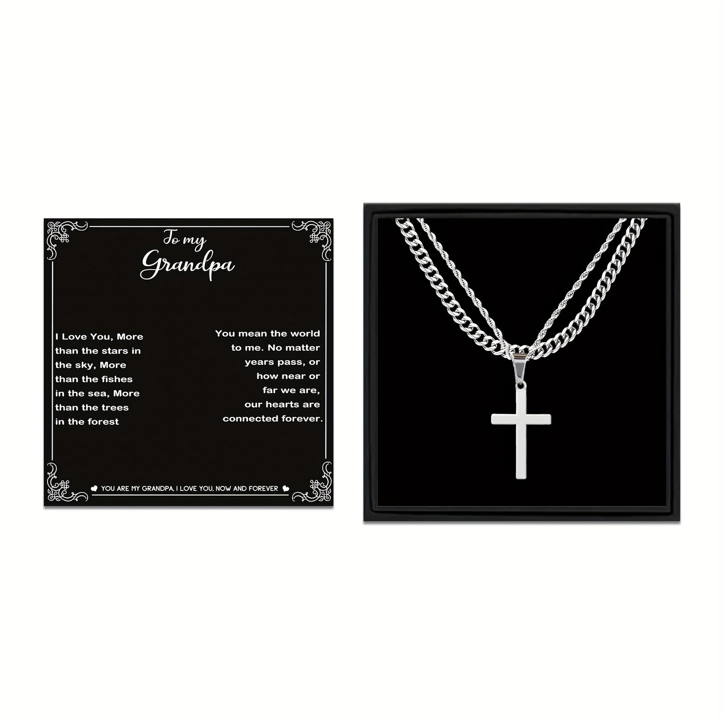 3pcs To My Grandpa Handmade Rope Cross Pendant Cuba Necklace Father's Day Gift For Him Gift Box Hip Hop Titanium Steel Gift for Him Man Father Best Dad Women Mother's Day Jewelry Waterproof Fashion Trendy Simple Jewelry birth