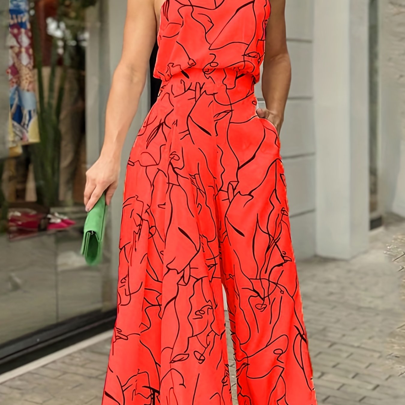Elegant Waist Halter Jumpsuit, Casual Print Tie Sleeveless Waist Summer Wide Leg Long Pant Jumpsuit, Women's Clothing