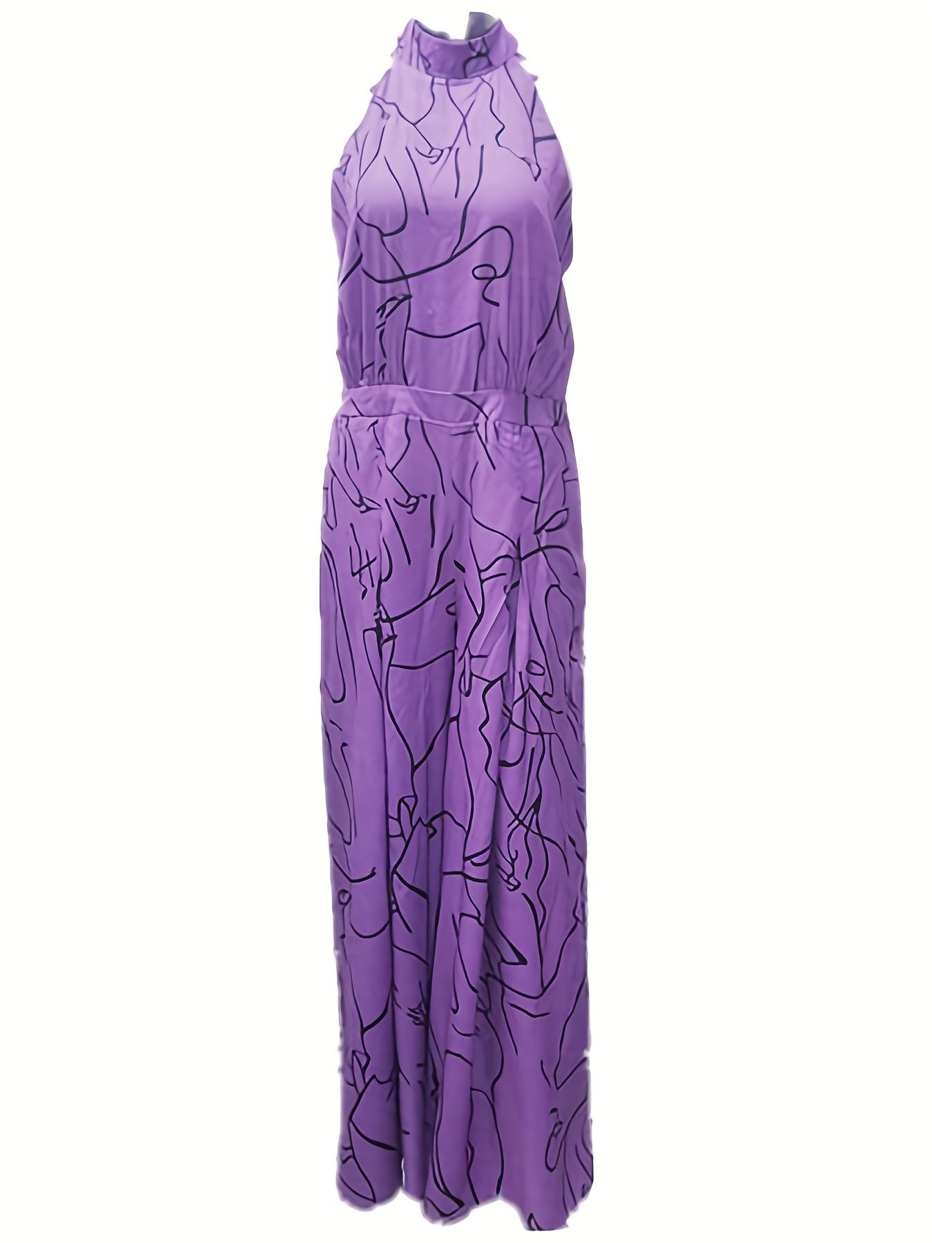Elegant Waist Halter Jumpsuit, Casual Print Tie Sleeveless Waist Summer Wide Leg Long Pant Jumpsuit, Women's Clothing
