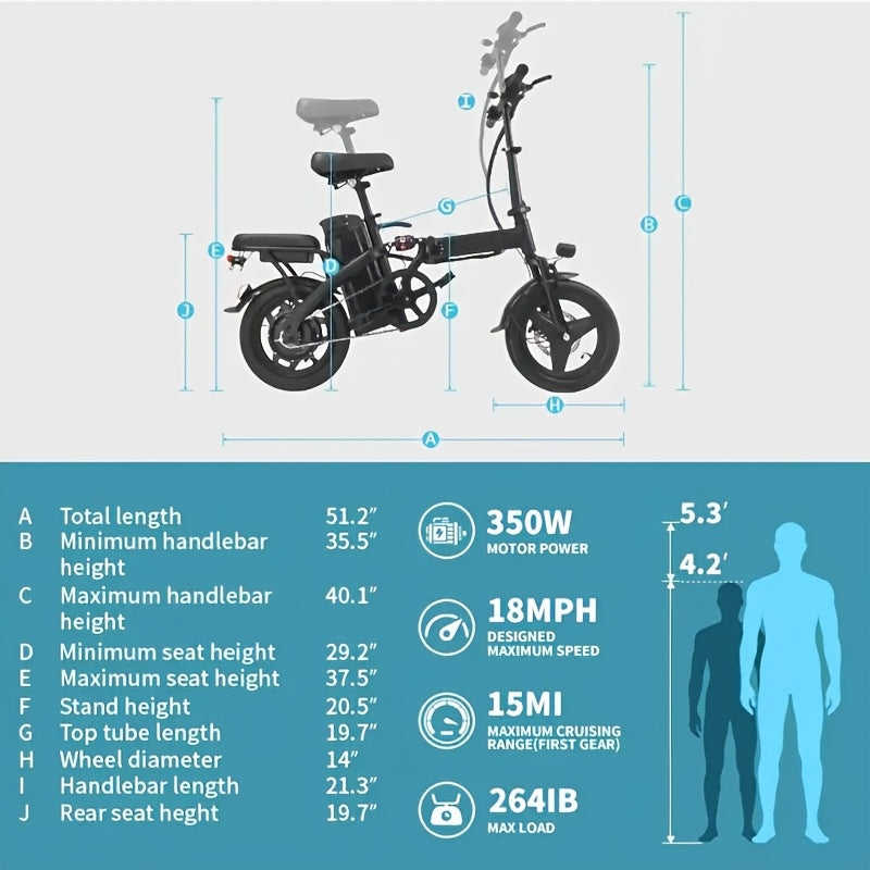 Folding Electric Bike - Powerful Motor, Fast Speed, 14-inch Tires, Commuter-friendly, Light Weight, Long-lasting Battery