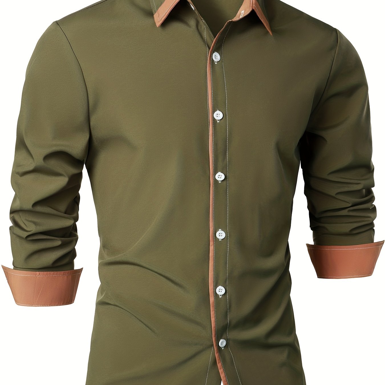 Mature Style Men's Casual Trim Contrast Button Long Sleeve Shirt, Spring Fall
