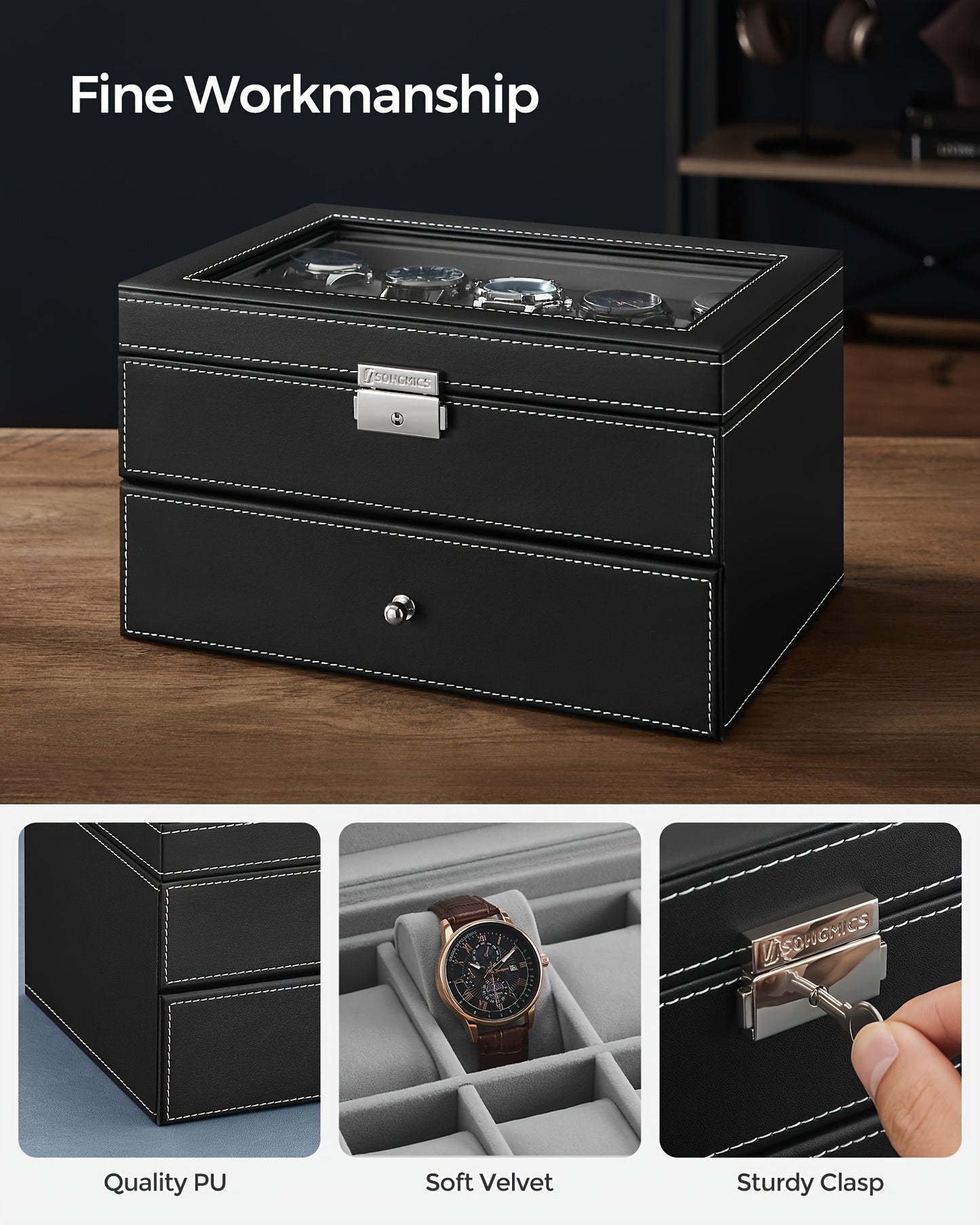 SONGMICS 20-Slot Watch Box, Watch Case With Glass Lid, 2 Layers, Lockable Watch Display Case, Black Synthetic Leather, Gray Lining, The Best Christmas Gifts For Men, Women, Father, Mother And Friends