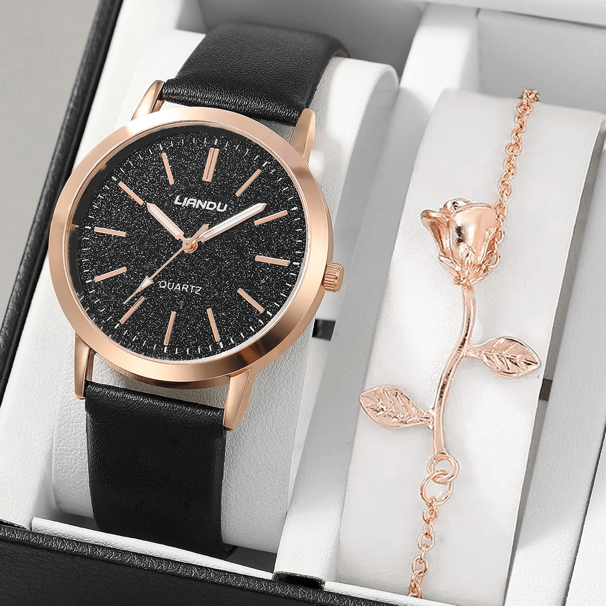 Woman's Quartz Watch Round Rhinestones Shockproof Wristwatch 1Pcs Watch & 1Pcs Bracelet Valentines Gift For Her Woman