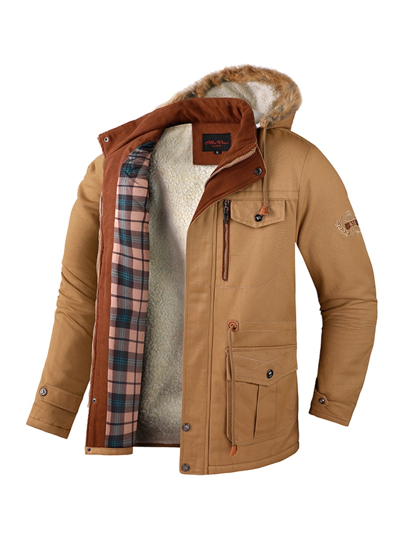 New Men's Fashion Warm And Thick Lamb Woolen Fleece Bomber Jacket Casual Tooling Zipper Hooded Windbreaker Jacket For Winter