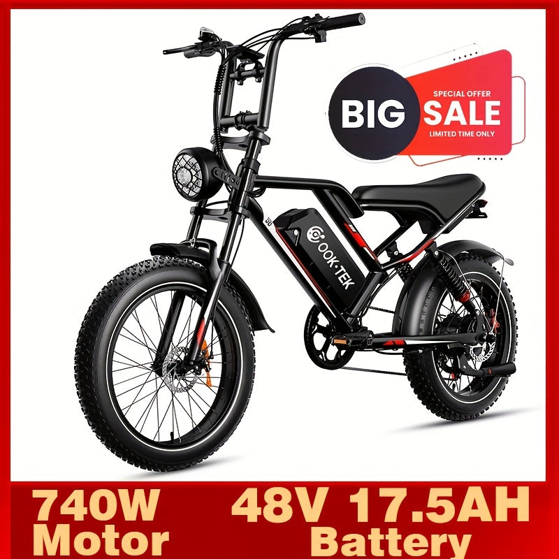 V9-G60 Electric Bike, 48V 20Ah Removable Battery 20" Fat Tire Electric Bike, 740W Motor 19MPH Top Speed Electric Motorcycle, 7 Speed Dual Disc/Hydraulic Brake E Bikes