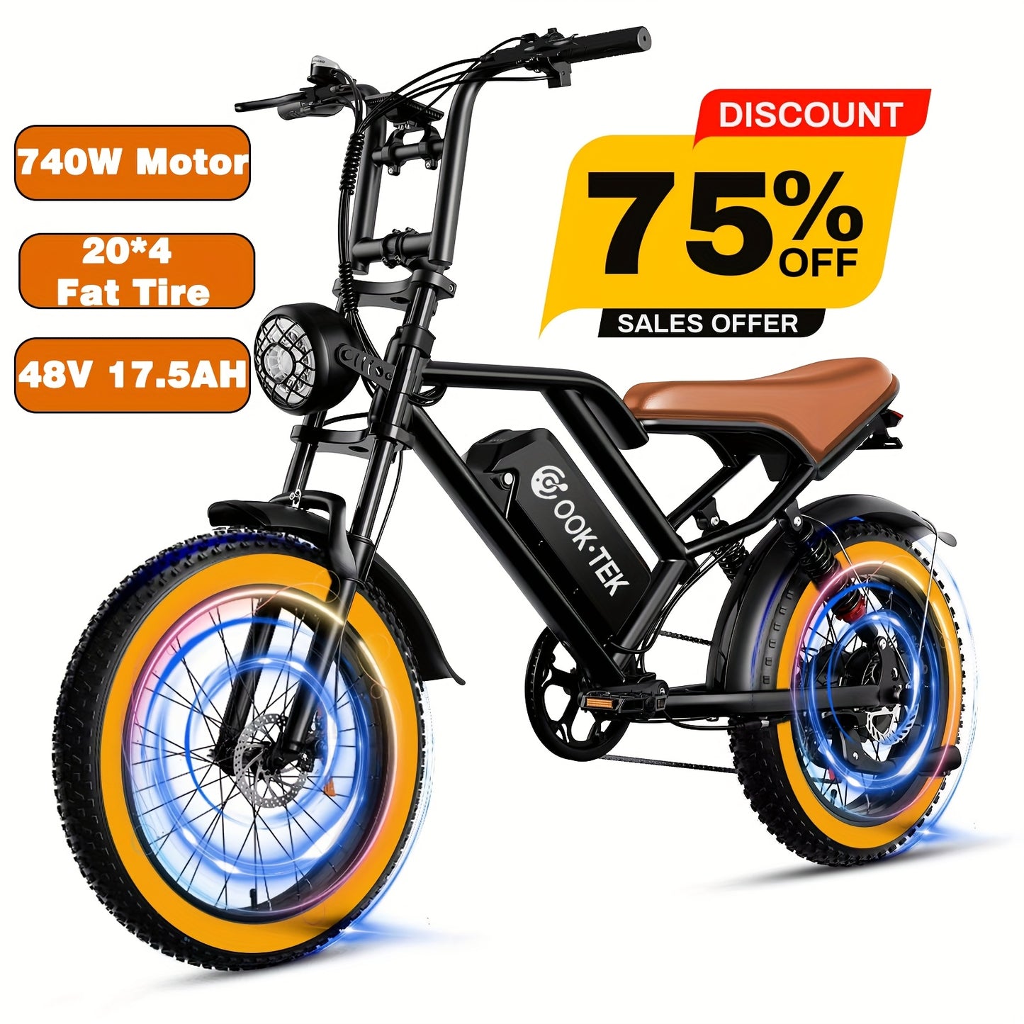 Electric Bike for Adults, 20 Inch Fat Tire Ebike with 740W Motor 48V17.5Ah Battery Up to 19MPH/ 40Miles, 7 Speed Dirt Electric Motorcycle Bicycle
