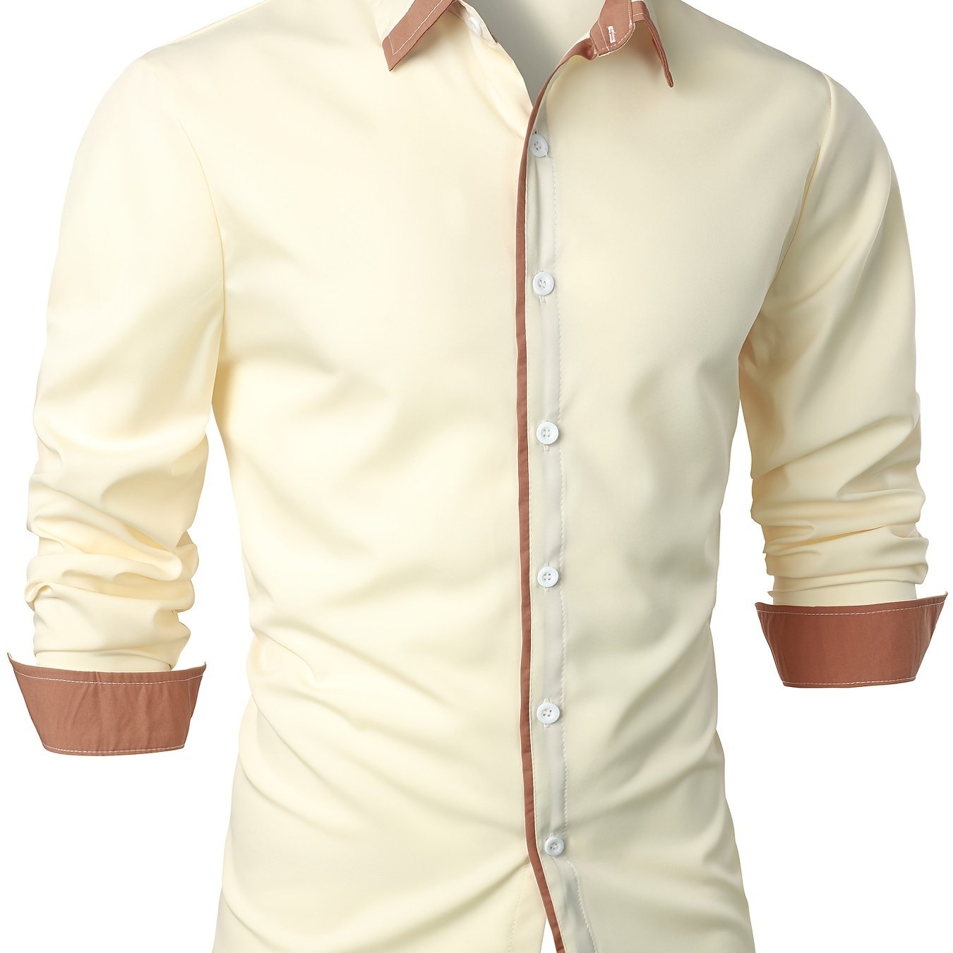 Mature Style Men's Casual Trim Contrast Button Long Sleeve Shirt, Spring Fall