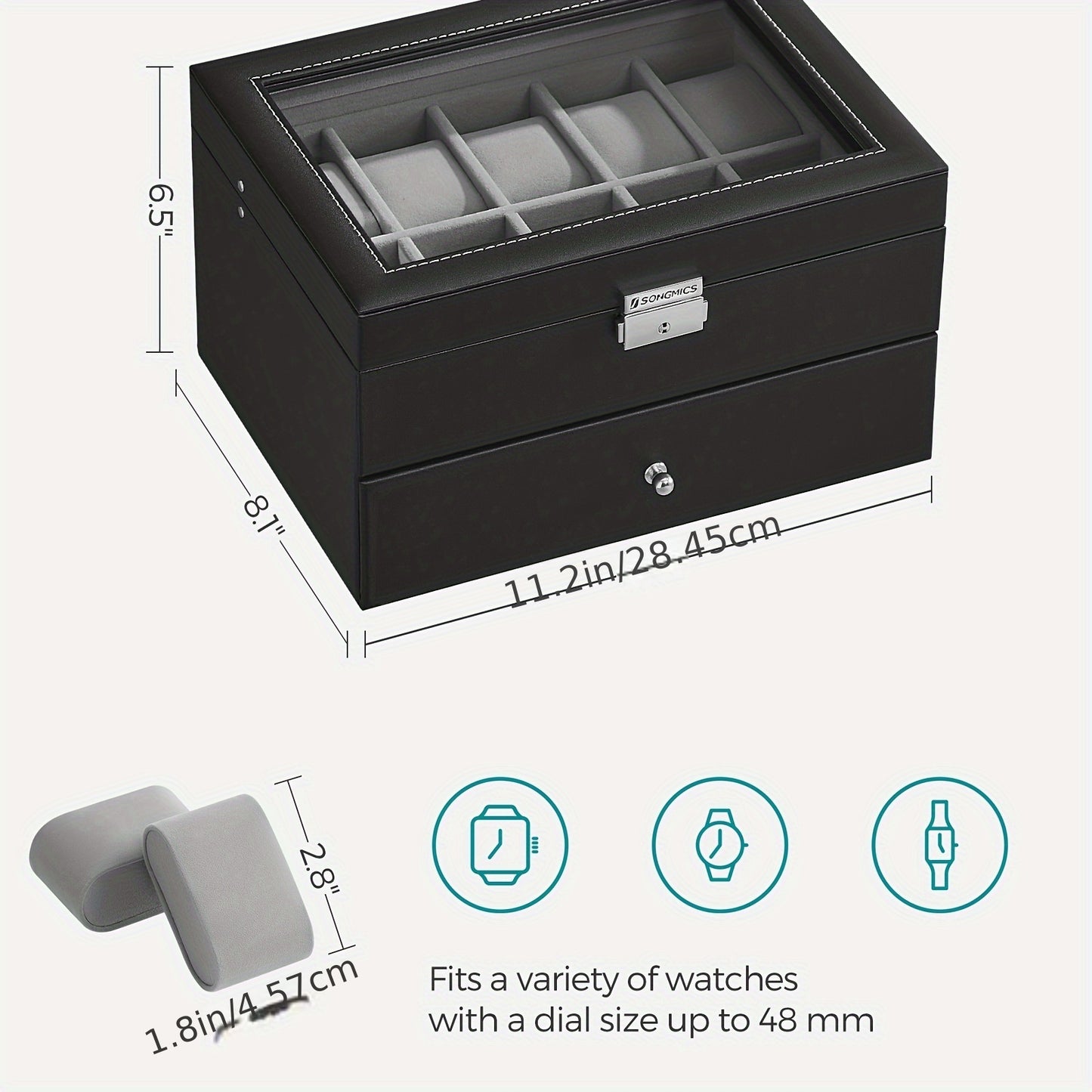 SONGMICS 20-Slot Watch Box, Watch Case With Glass Lid, 2 Layers, Lockable Watch Display Case, Black Synthetic Leather, Gray Lining, The Best Christmas Gifts For Men, Women, Father, Mother And Friends