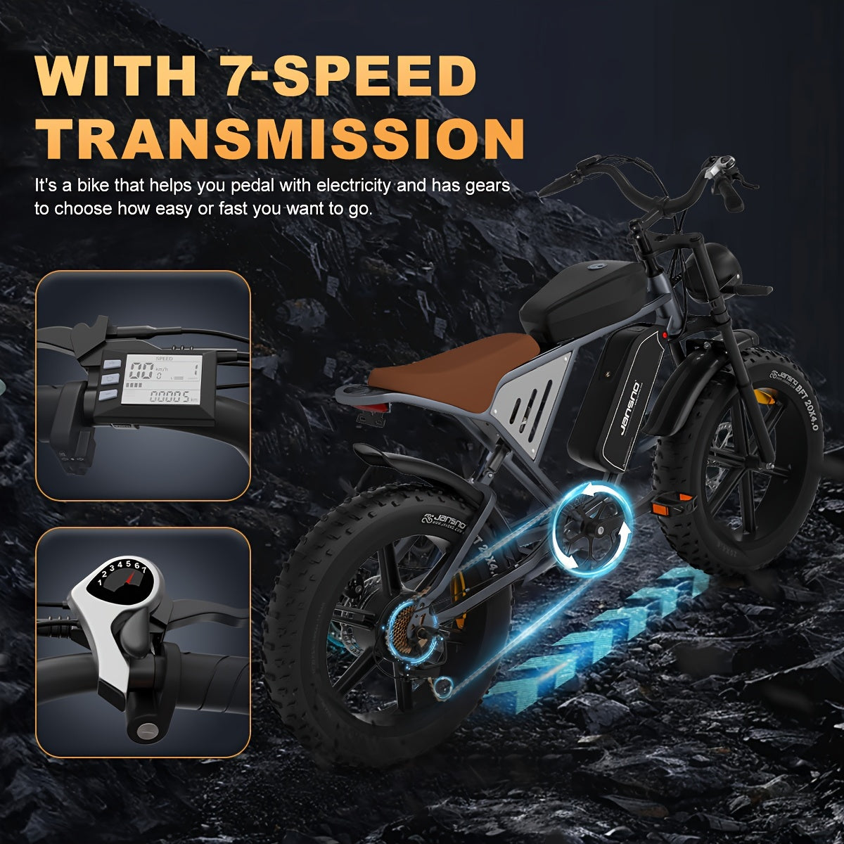 JANSNO X70 Electric Bike For Adults With 500W Brushless Motor, 48V 34Ah Removable Dual Battery, 20" X 4.0 Fat Tire Electric Bicycle, Electric Mountain Bike, Commuter Off-Road Electric Bike, 7-Speed Transmission With Charger