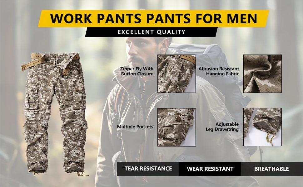 Men's Solid Cotton Camouflage Cargo Pants with Multiple Pockets Straight Leg Loose Fit Casual Outdoor Workwear for Hiking Fishing