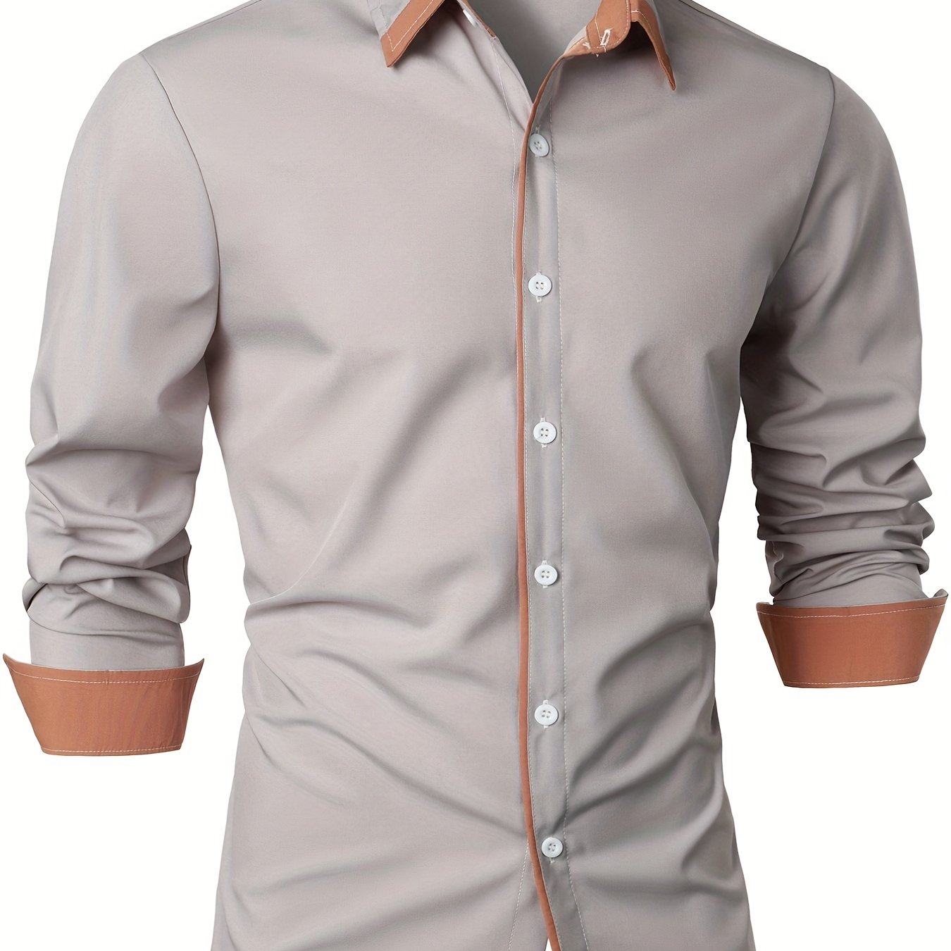 Mature Style Men's Casual Trim Contrast Button Long Sleeve Shirt, Spring Fall