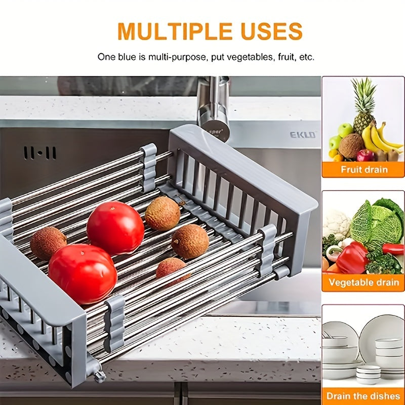 1pc, Sink Colander, Vegetable Sink Washing Basket, Fruit Drain Basket Rack, Stainless Steel Drain Basket, Strainer Basket, Adjustable Sink Rack, Multifunctional Colander, Kitchen Stuff, Kitchen Gadgets, Kitchen Accessories