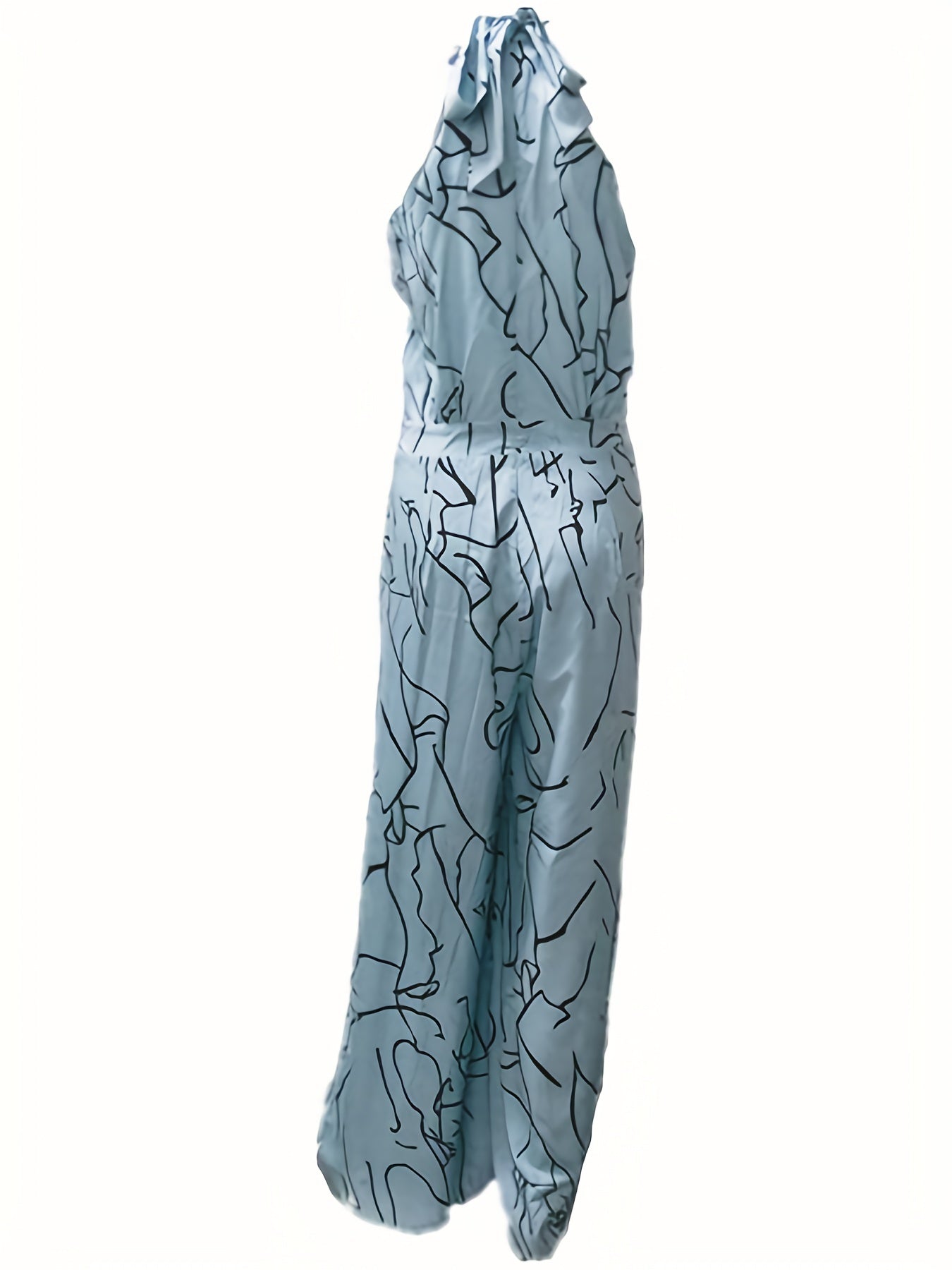 Elegant Waist Halter Jumpsuit, Casual Print Tie Sleeveless Waist Summer Wide Leg Long Pant Jumpsuit, Women's Clothing