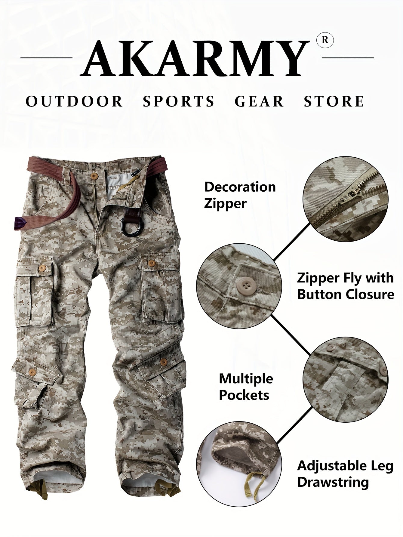 Men's Solid Cotton Camouflage Cargo Pants with Multiple Pockets Straight Leg Loose Fit Casual Outdoor Workwear for Hiking Fishing
