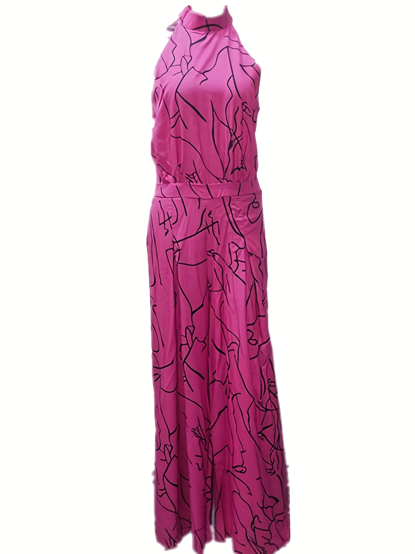 Elegant Waist Halter Jumpsuit, Casual Print Tie Sleeveless Waist Summer Wide Leg Long Pant Jumpsuit, Women's Clothing