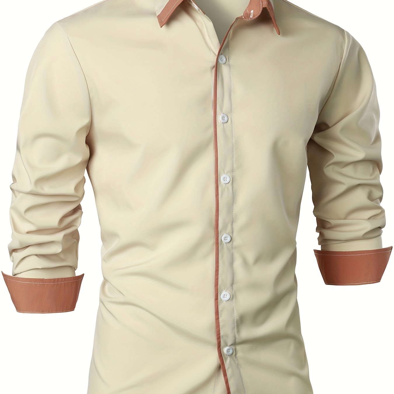 Mature Style Men's Casual Trim Contrast Button Long Sleeve Shirt, Spring Fall
