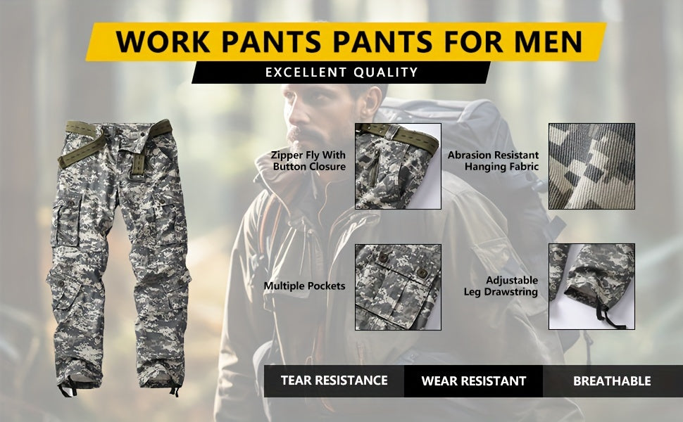 Men's Cotton Camouflage Cargo Pants Multi-Pocket Tactical Loose Fit Regular Length mid Waist Casual Weekend Wear