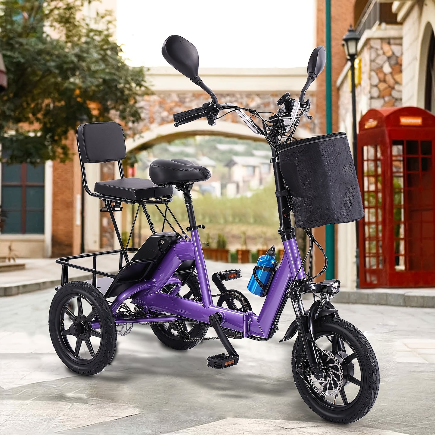 Electric Tricycle for Adults, 350W Folding Electric Trike, 3 Wheel Electric Bike with 480Wh Removable Battery, Ebike with Double Seat and Large Basket