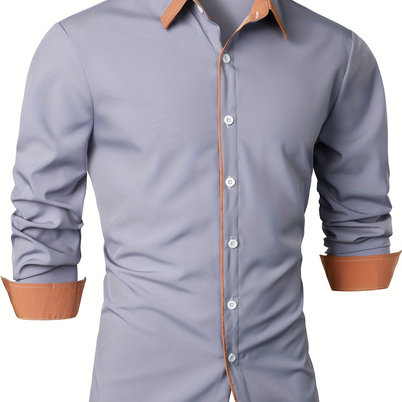 Mature Style Men's Casual Trim Contrast Button Long Sleeve Shirt, Spring Fall