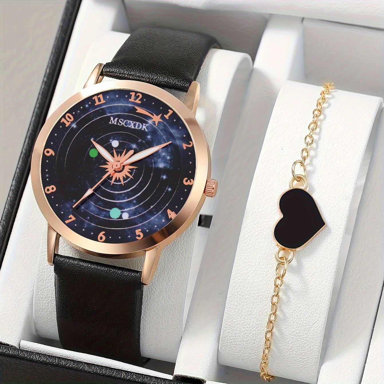 Woman's Quartz Watch Round Rhinestones Shockproof Wristwatch 1Pcs Watch & 1Pcs Bracelet Valentines Gift For Her Woman