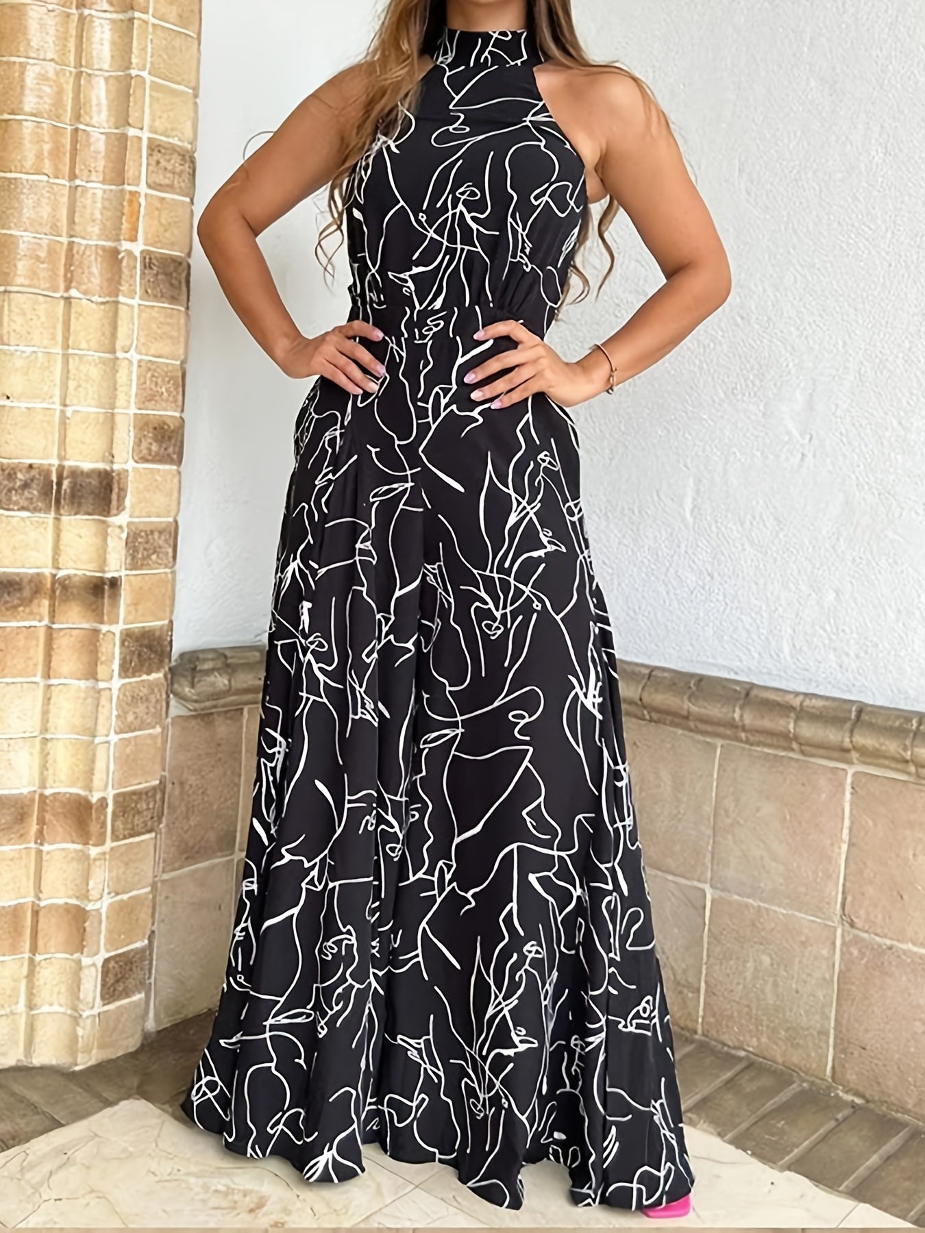 Elegant Waist Halter Jumpsuit, Casual Print Tie Sleeveless Waist Summer Wide Leg Long Pant Jumpsuit, Women's Clothing