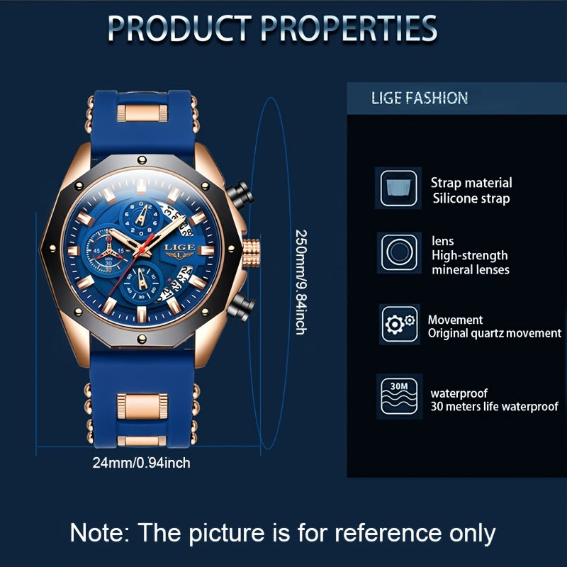 LIGE Mens Watches With Silicone Strap Sport Chronograph Quartz Watch