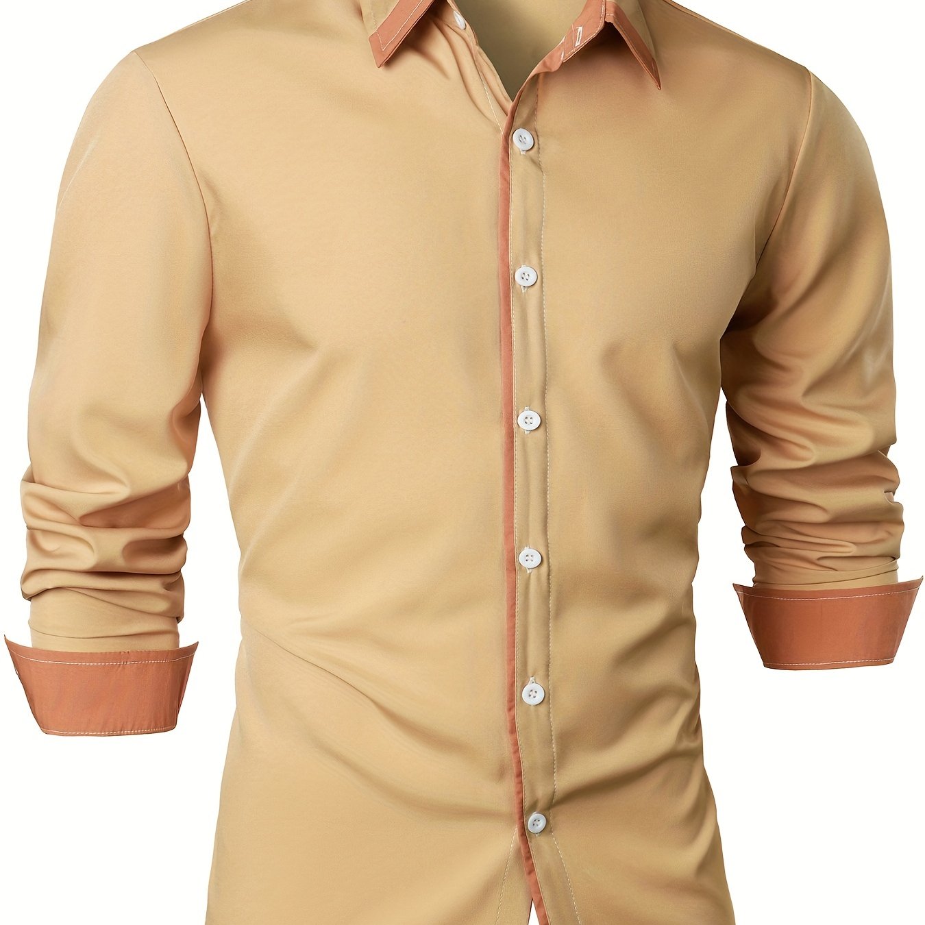 Mature Style Men's Casual Trim Contrast Button Long Sleeve Shirt, Spring Fall