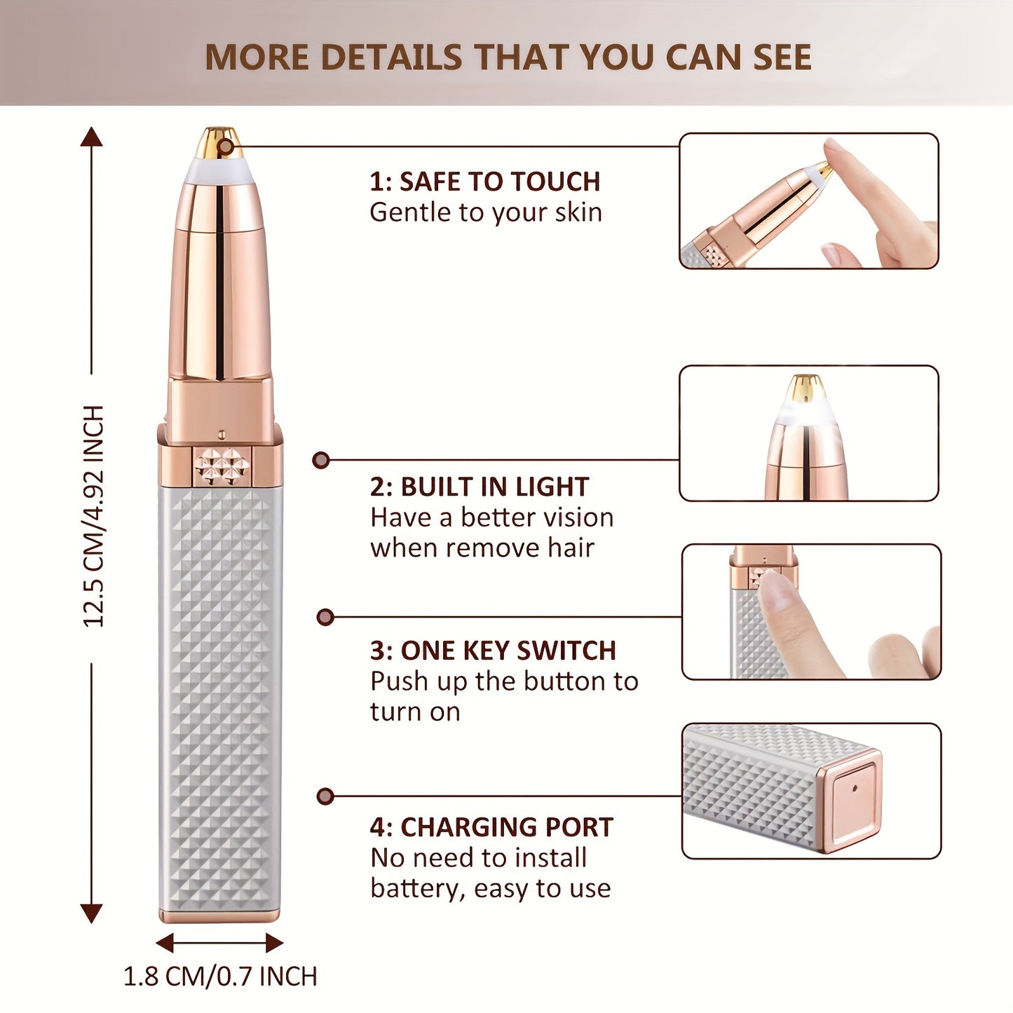 1pc Eyebrow & Facial Hair Removal For Women, 2 In 1 Eyebrow Razor And Painless Hair Shaver Rechargeable With Built-in LED Light For Face Peach Fuzz Eyebrow Lips Body Chin Arms