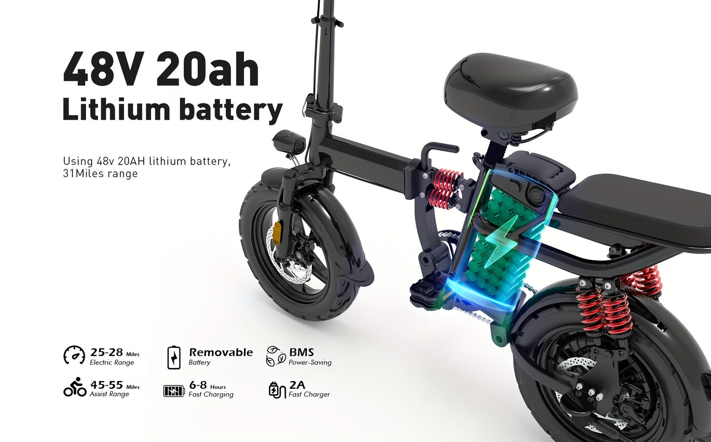 740W Peak Motor, 20 MPH Speed, 48V20Ah Lithium Battery, DDC M1 Electric Bike for Adults, Max Range 40 Miles, Cruise Control, 3-step Folding, 11 Shock, 14 Inch Tires, Commuting, Gifts for Youngster, School, Commuting, Weekend