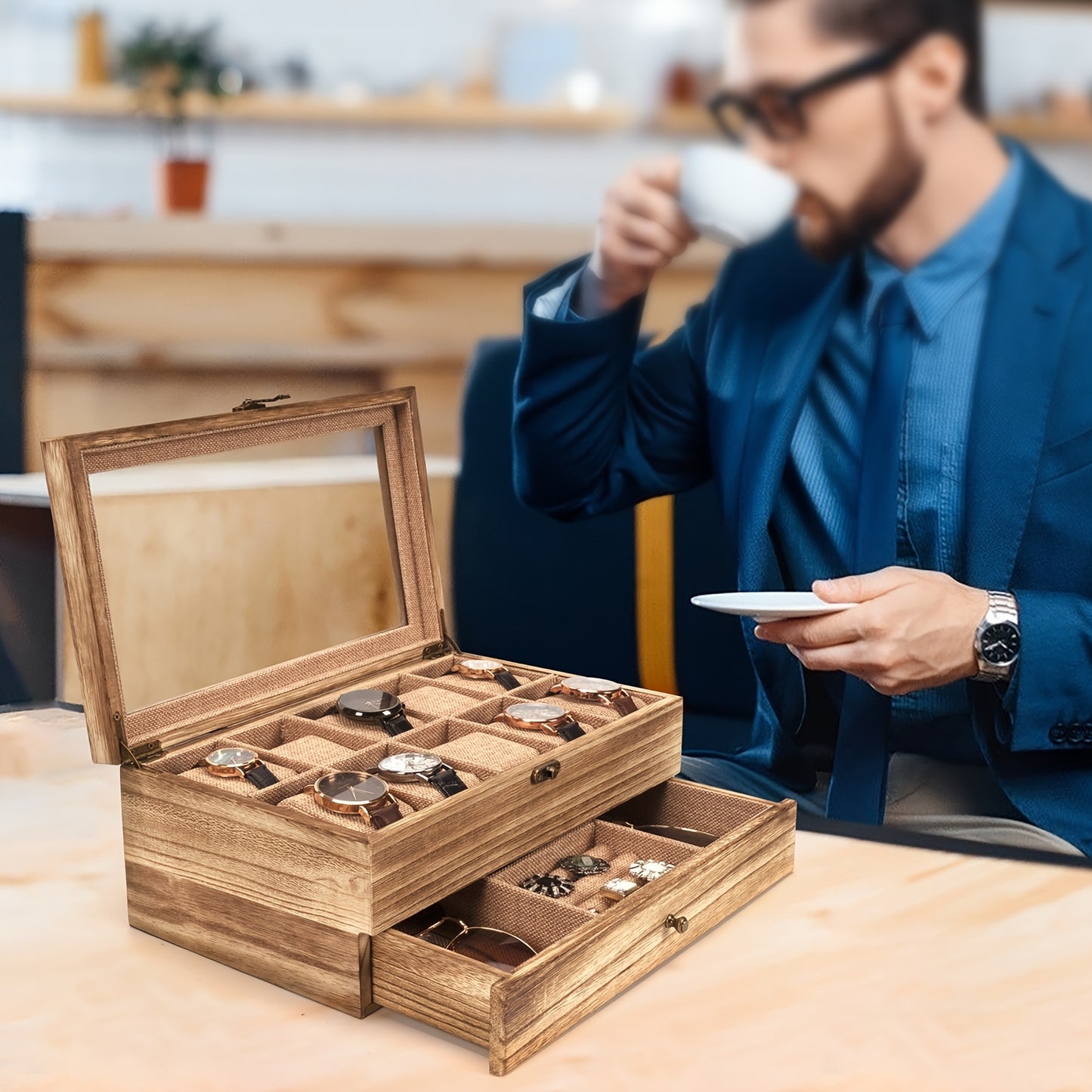 10-Slot Rustic Brown Wooden Watch Box - Large Capacity Watch Case for Men and Women, Display Organizer with Soft Velvet Interior, Perfect Gift for Boyfriend, Fathers Day, Birthday, and Anniversary