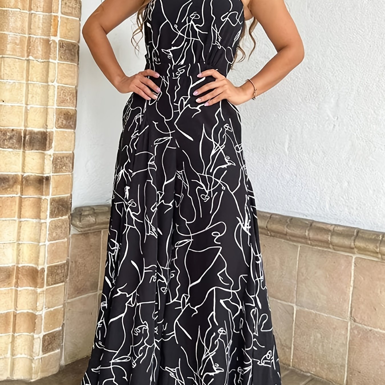 Elegant Waist Halter Jumpsuit, Casual Print Tie Sleeveless Waist Summer Wide Leg Long Pant Jumpsuit, Women's Clothing