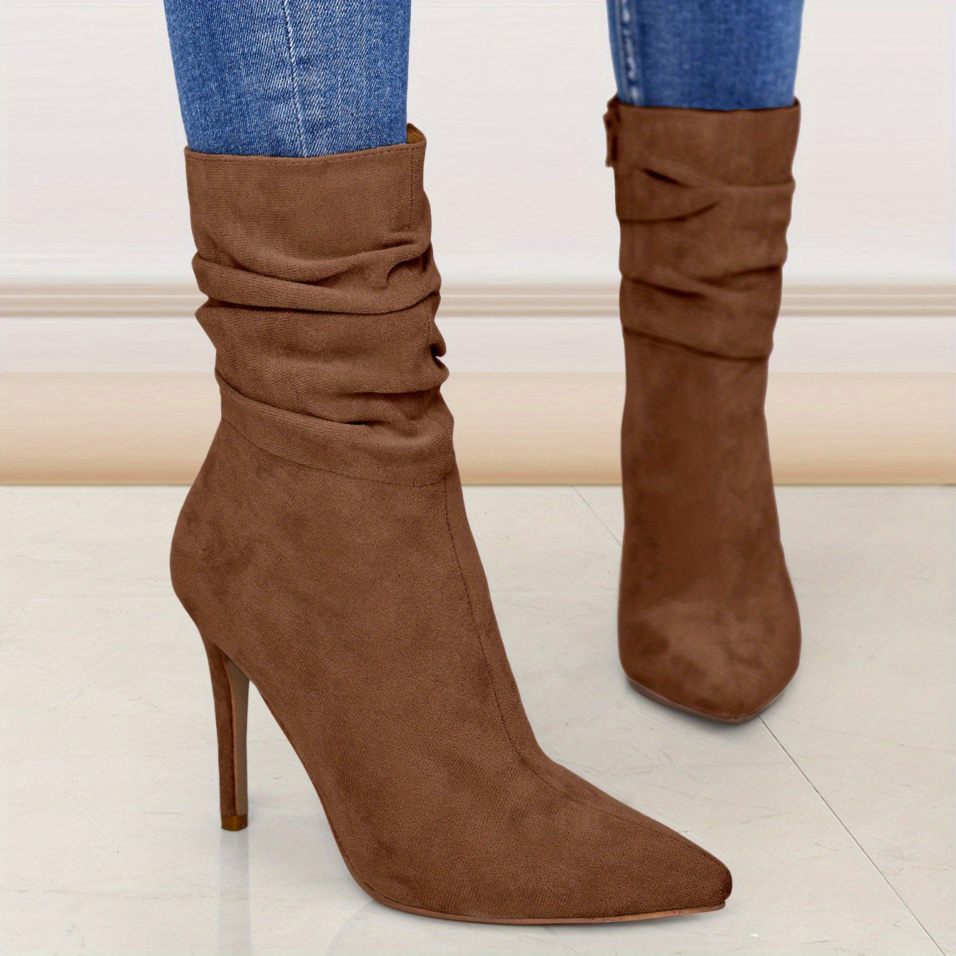 Ultrahigh Heel Stiletto Pointed Toe Slouchy Boots for Women - Zipper Closure, Soft Fabric Inner, PU Faux Leather Insole, Rubber Sole, Perfect for Dress Occasions - Solid Color, Flannel Upper, Comfortable and Stylish