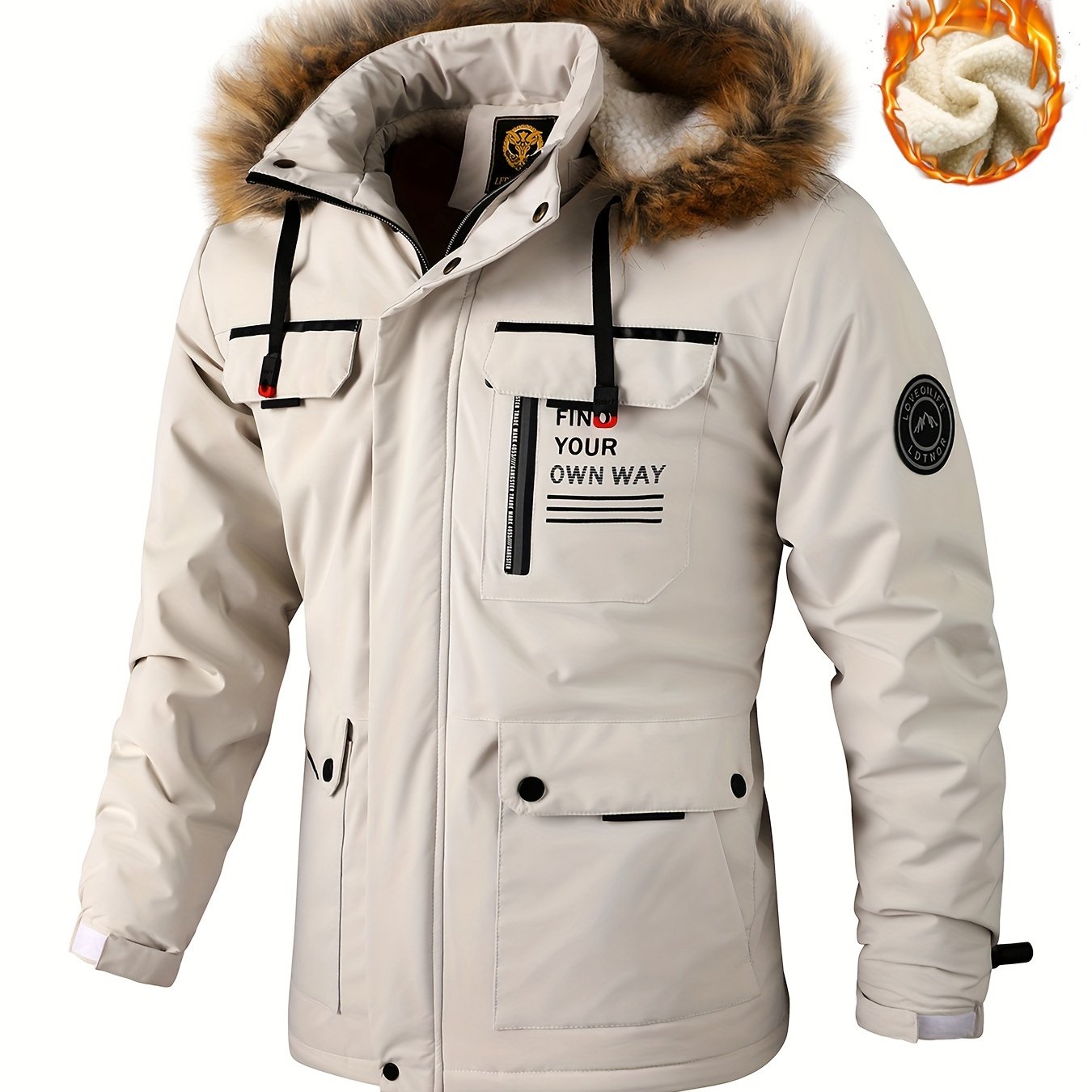 New Fall/Winter, Men's Flap Pocket Padded Jacket, With Faux Fur Hoodie Coat